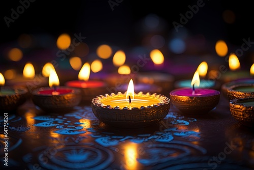Diwali background and copy space, burning candles with bokeh background, generative ai 