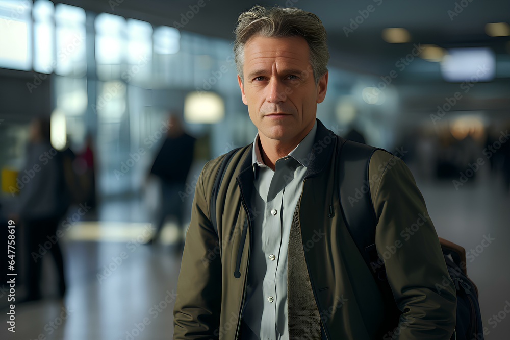 Businessman walks in the airport terminal. Generative AI. Businessman walks in the airport terminal. Generative AI.