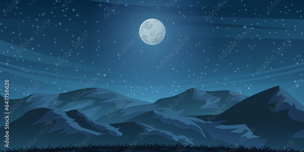 Fototapeta premium Hill and Full Moon Night Illustration