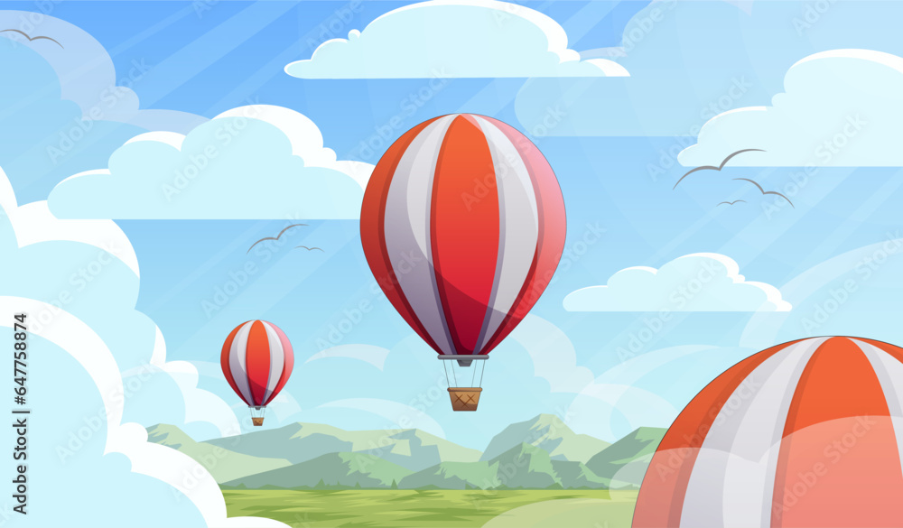 Fototapeta premium Red Hot Air Balloon Soaring Over Green Hills Simple Vector Illustration