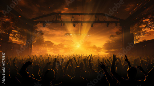 crowd of people at concert with hands up in dark background