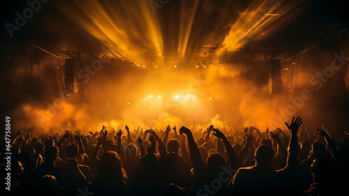 crowd of people at concert with hands up in dark background