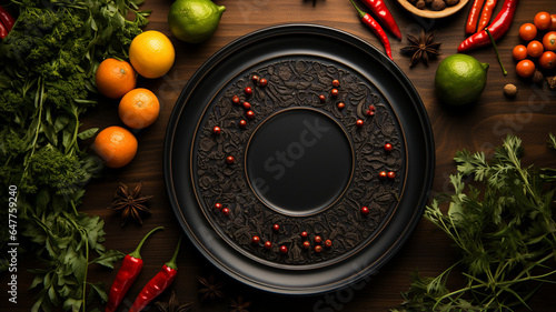 plate with black spices on black stone table.