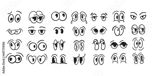 Vintage cartoon eye set, vector retro comic funny character cute face expression element, eyebrow. Surprise 30s mascot doodle icon kit, round emotion eyeball clipart. Cartoon eye caricature collection