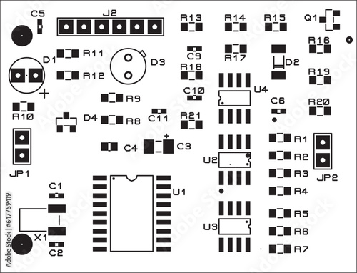 Placement of components of radio elements (contact
pads and seats) on the printed circuit
board of an electronic device.
Vector engineering 
drawing of a pcb. Electric background