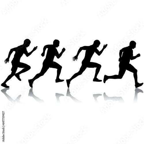Set of silhouettes. Runners on sprint men and women on white background