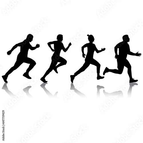 Set of silhouettes. Runners on sprint men and women on white background