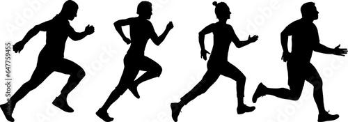 Set of silhouettes. Runners on sprint men and women on white background