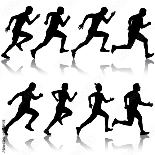 Set of silhouettes. Runners on sprint men and women on white background
