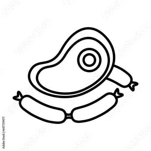 Simple outline of meat steak with sausages vector icon. Black line drawing or cartoon illustration of meat products isolated on white background. Butchery, food, barbecue, cooking concept