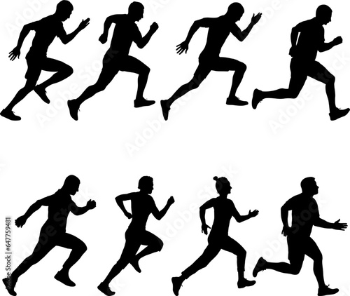 Set of silhouettes. Runners on sprint men and women on white background