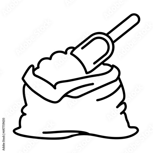 Simple outline of rag bag with groats and scoop vector icon. Black line drawing or cartoon illustration of bag with flour or rice on white background. Food, cooking concept