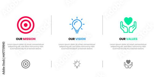 Mission Vision Values infographic Banner template. Company goal infographic design with  Modern flat icon design. vector illustration infographic icon design banner.