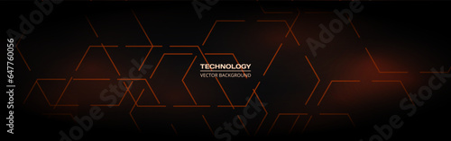 Abstract black and orange hexagon vector technology background. Wide horizontal banner with honeycomb and hexagonal lines. Vector illustration