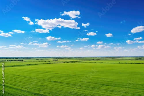A picturesque green field under a clear blue sky with fluffy white clouds