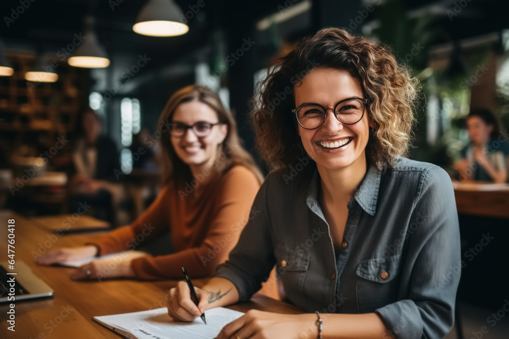 Colleagues at work, teamwork in coworking space, portrait of smiling woman in glasses manager working at table indoors Colleagues at work, teamwork in coworking space, portrait of smiling woman in glasses manager working at table indoors