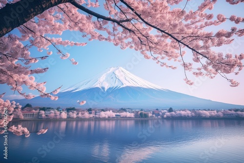 A snow-covered mountain next to a serene body of water