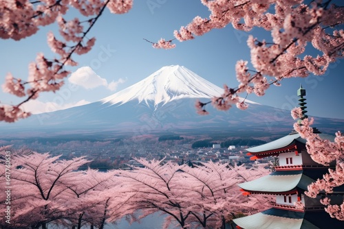 Fotografija A majestic mountain landscape with cherry blossoms in full bloom