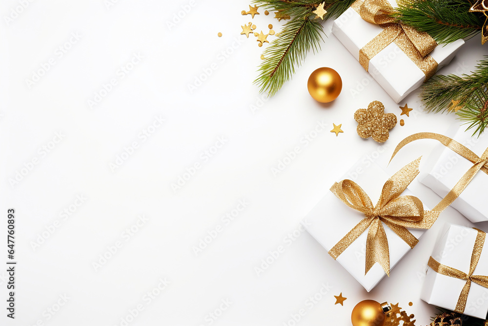 Fototapeta premium Christmas background. White gift boxes with golden ribbon, Christmas balls and fir tree branches on white background. Flat lay, top view, copy space