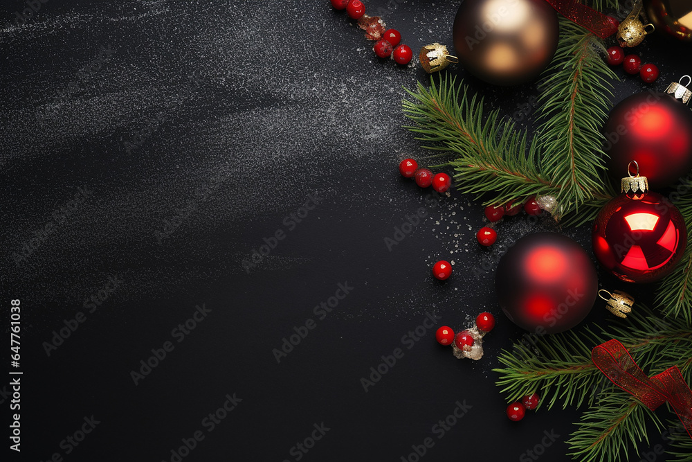Christmas background with fir branches and red baubles on black background