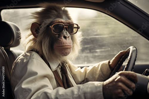 Ape driving a car, ape, driver, ape driver, car, animals driving  © MrJeans