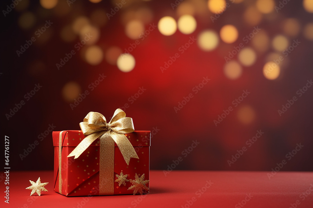 Red gift box with white ribbon on red background with bokeh Red gift box with white ribbon on red background with bokeh