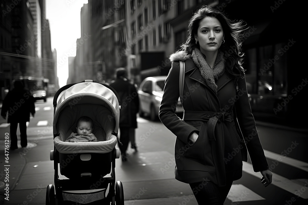 Fototapeta premium Woman with a baby carry in a big city, baby, city, big city, street, streetphotography