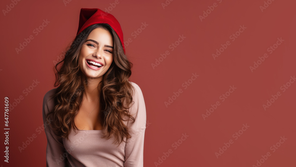 Brunette woman smile in santa claus red hat, Christmas background design Brunette woman smile in santa claus red hat, Christmas background design