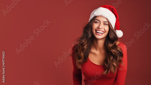 Brunette woman smile in santa claus red hat, Christmas background design
