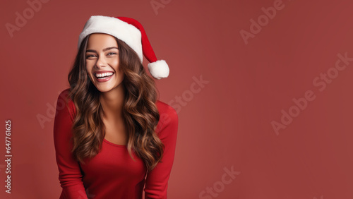Brunette woman smile in santa claus red hat, Christmas background design