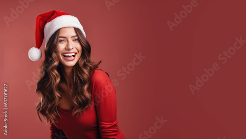 Brunette woman smile in santa claus red hat, Christmas background design