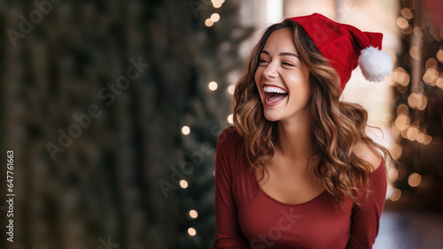 Brunette woman smile in santa claus red hat, Christmas background design