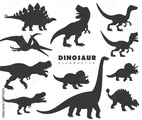 Dinosaur silhouette isolated set icon. Vector set of the dinosaurs Ankylosaurus  Brachiosaurus  Pteranodon  Stegosaurus  Triceratops  Tyrannosaurus Rex  t-rex  Velociraptor. Vector illustration dino