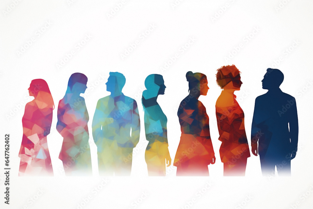 Colourful silhouettes of diverse unrecognizable people. Concept of variety and heterogeneity. Seven people are waiting on a white background.