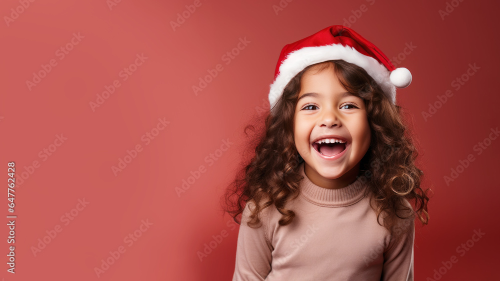 Latin girl smile in santa claus red hat, Christmas background design Latin girl smile in santa claus red hat, Christmas background design