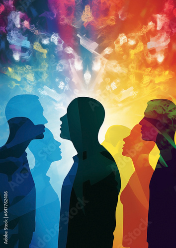 Colourful silhouettes of diverse unrecognizable people. Concept of variety and heterogeneity. Group of friends in a nightclub.