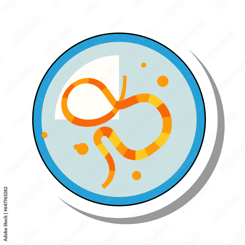 Petri dish with parasitic worm flat paper sticker icon. Study of dangerous microorganisms, bacteria and viruses to prevent spread of diseases isolated on white background. Biology, science concept Petri dish with parasitic worm flat paper sticker icon. Study of dangerous microorganisms, bacteria and viruses to prevent spread of diseases isolated on white background. Biology, science concept