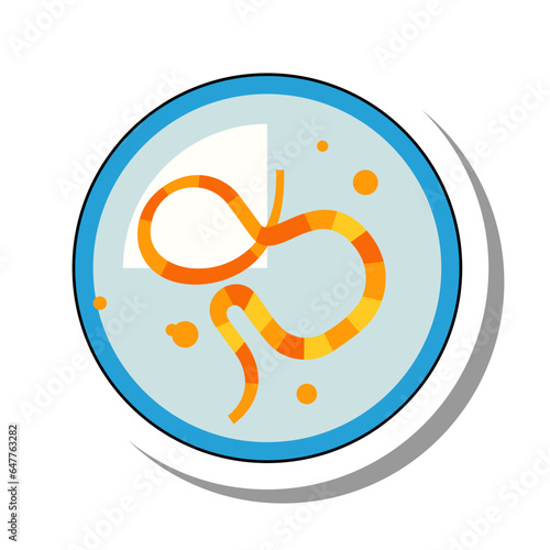 Petri dish with parasitic worm flat paper sticker icon. Study of dangerous microorganisms, bacteria and viruses to prevent spread of diseases isolated on white background. Biology, science concept