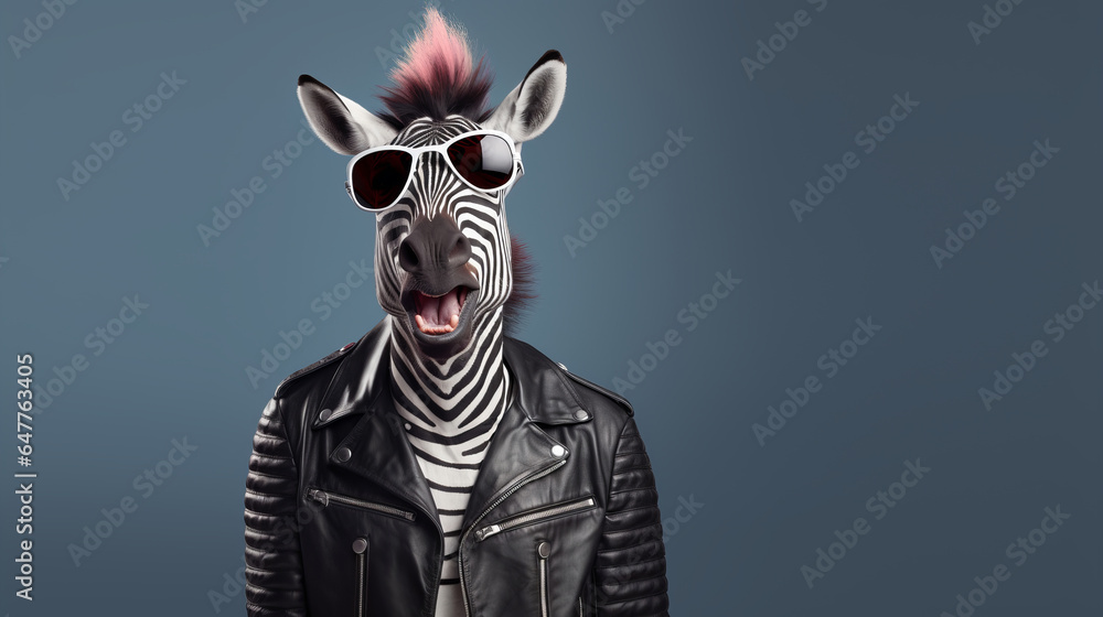 A studio portrait of a funky zebra wearing a leather jacket, aviator sunglasses on a seamless dark blue or grey background, copy space for text. A studio portrait of a funky zebra wearing a leather jacket, aviator sunglasses on a seamless dark blue or grey background, copy space for text.