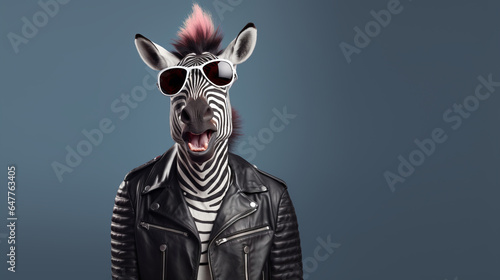 Fotografia A studio portrait of a funky zebra wearing a leather jacket, aviator sunglasses on a seamless dark blue or grey background, copy space for text