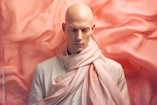 Generative AI image of portrait of bald male suffering from strange disease while sitting with eyes closed shawl around neck against pink shiny fabric photo