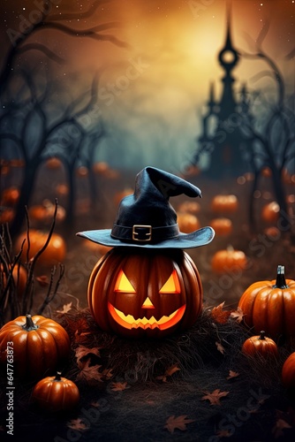 halloween background with pumpkin ghost wearing witch hat and scary forest, generative ai