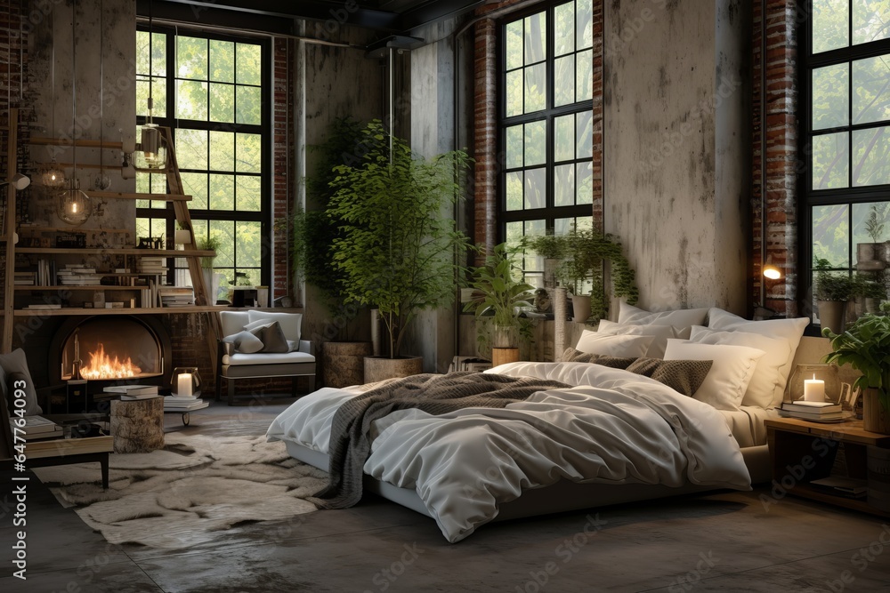 Cozy modern minimalistic spacious industrial loft interior design of a bedroom with queensize bed, factory windows and concrete and wooden elements Cozy modern minimalistic spacious industrial loft interior design of a bedroom with queensize bed, factory windows and concrete and wooden elements
