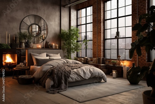 Cozy modern minimalistic spacious industrial loft interior design of a bedroom with queensize bed, factory windows and concrete and wooden elements photo