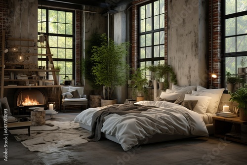 Cozy modern minimalistic spacious industrial loft interior design of a bedroom with queensize bed, factory windows and concrete and wooden elements
