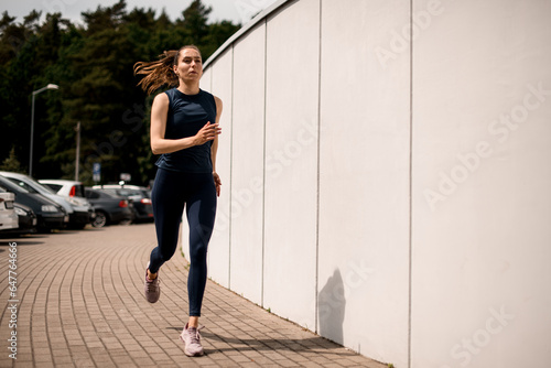 Young woman athlete running on urban city street in front of white wall in morning