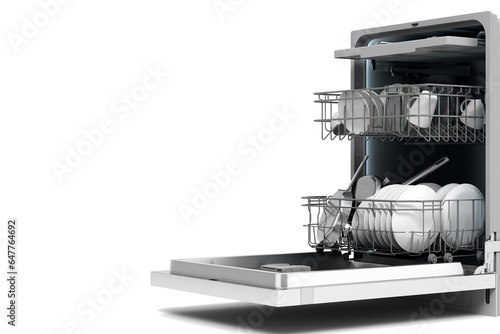 modern new open dishwasher perspective view 3d render on white