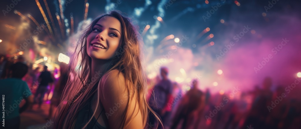 portrait Beautiful girl enjoying on music open air festival with group of millennials dancing with joy and excitement at a lively music festival on fireworks light background, Generative AI portrait Beautiful girl enjoying on music open air festival with group of millennials dancing with joy and excitement at a lively music festival on fireworks light background, Generative AI