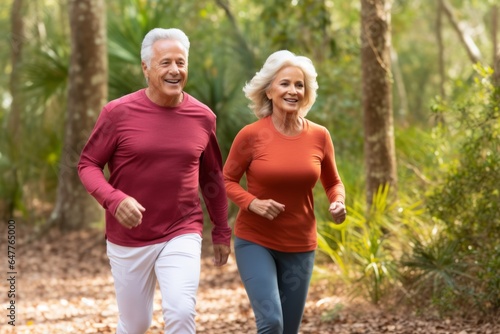 Happy joyful cheerful positive active senior elderly family couple having fun walking enjoying jogging run together outdoors. Old age people morning active health care lifestyle making sport fitness