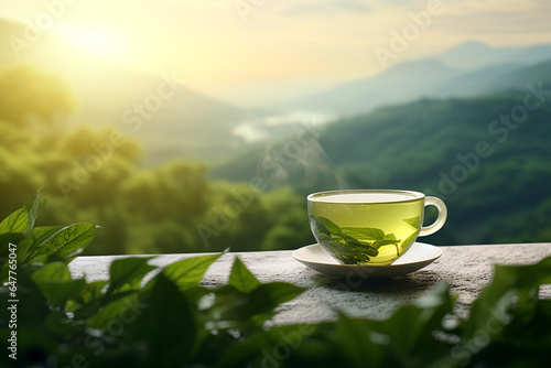 Drinks, leisure, healthy lifestyles and travel concept. Cup of green tea placed on table in tea plantations and mountains landscape background. Sun illumination. Generative AI